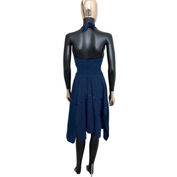 Handmade Floral Embroidered Halter Dress Navy Blue Sharkbite Hem Size Small - Picture 3 of 9